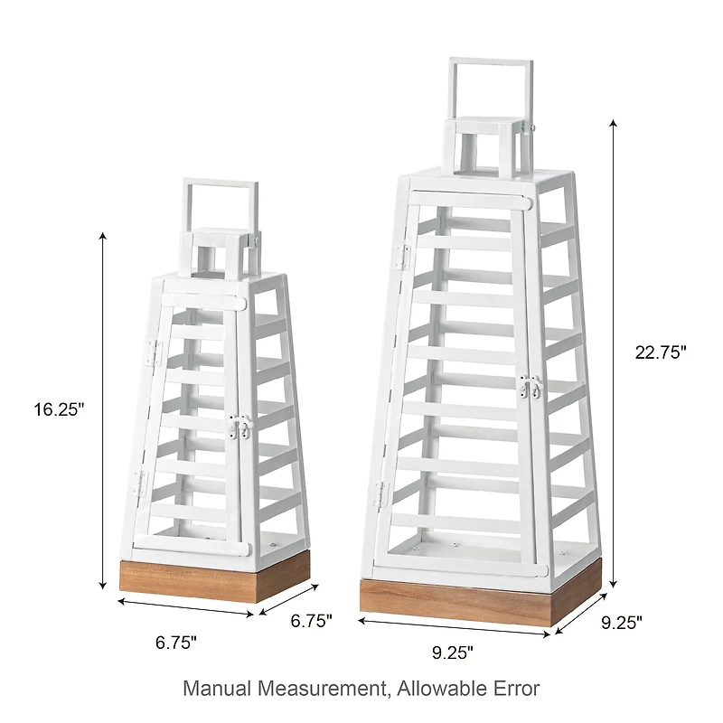 Glitzhome® White Modern Trapezoid Metal & Wood Lanterns Set