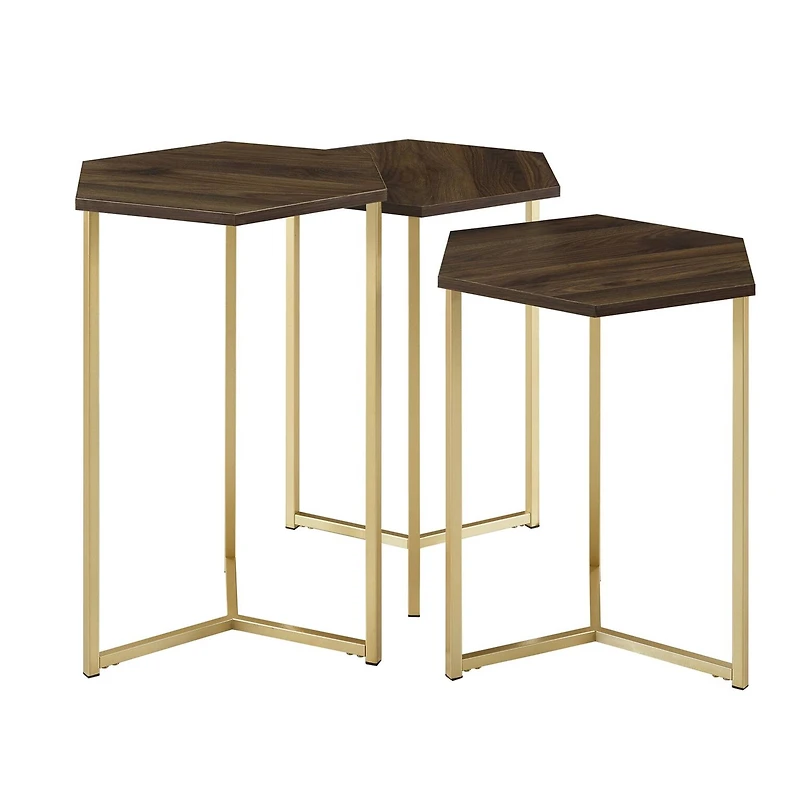 Walker Edison Dark Walnut/Gold Hexagon Modern Nesting Tables Set