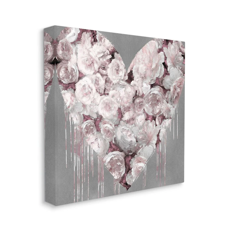 Stupell Industries Pink Rose Heart over Grey with Paint Drip Canvas Wall Art
