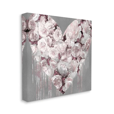 Stupell Industries Pink Rose Heart over Grey with Paint Drip Canvas Wall Art