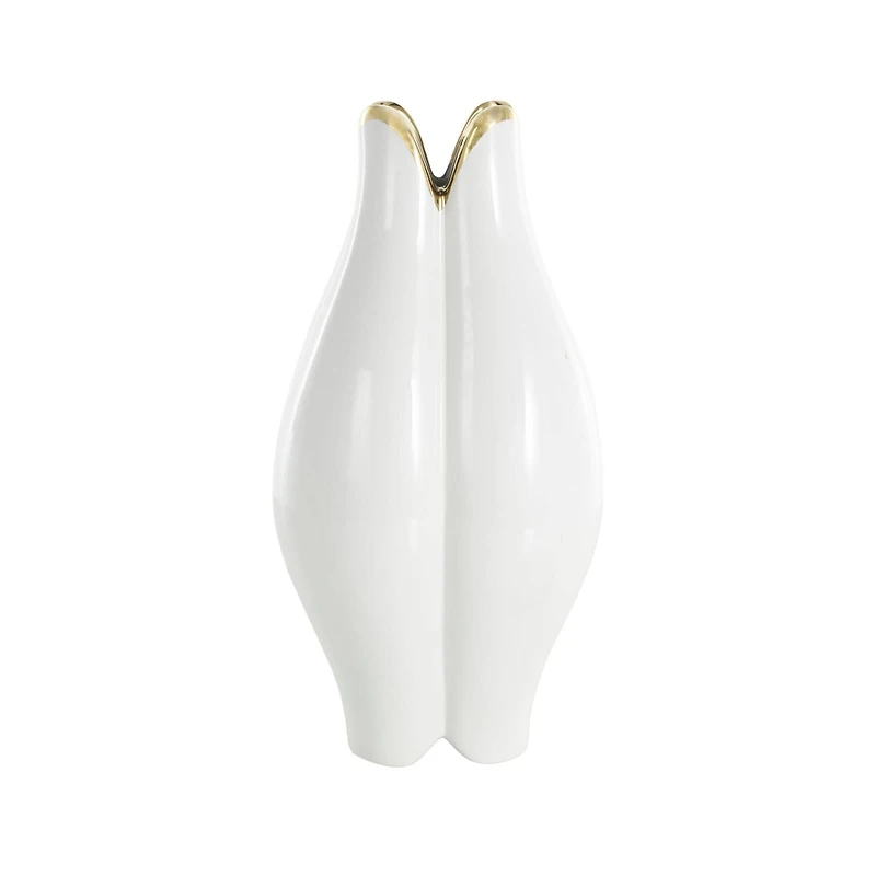 White Ceramic Dimensional Tulip Shaped Vase with Metallic Gold Rim