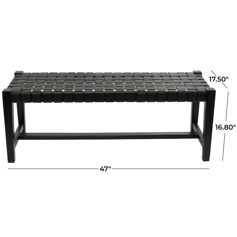 47" Black Leather Handmade Woven Seat Bench