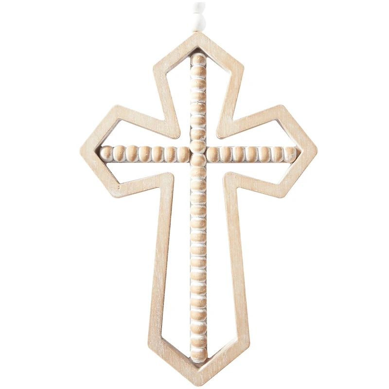 Light Brown Wood Carved Beaded Crosses Biblical Wall Decor with Rope Hanger Set of 3 9", 18"