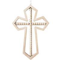 Light Brown Wood Carved Beaded Crosses Biblical Wall Decor with Rope Hanger Set of 3 9", 18"