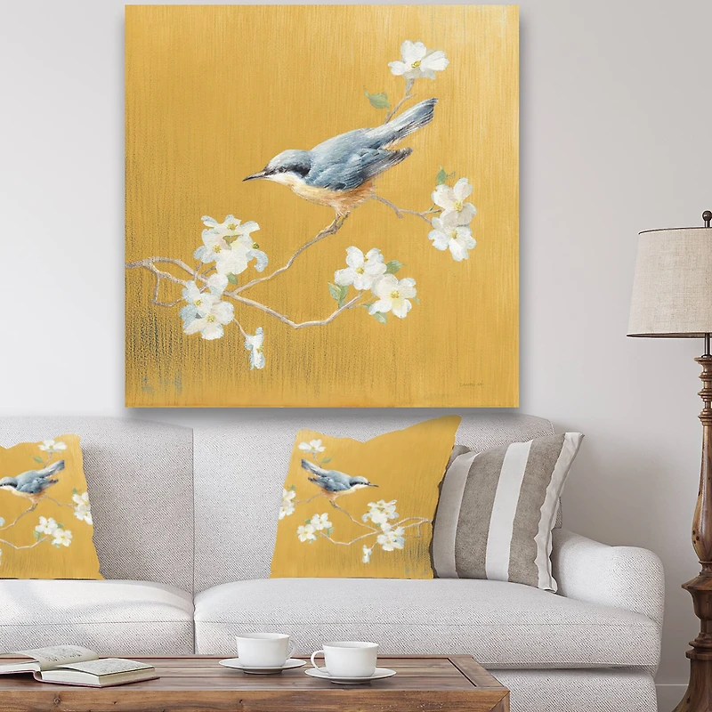 Designart - Gold Bird on Blossoms II