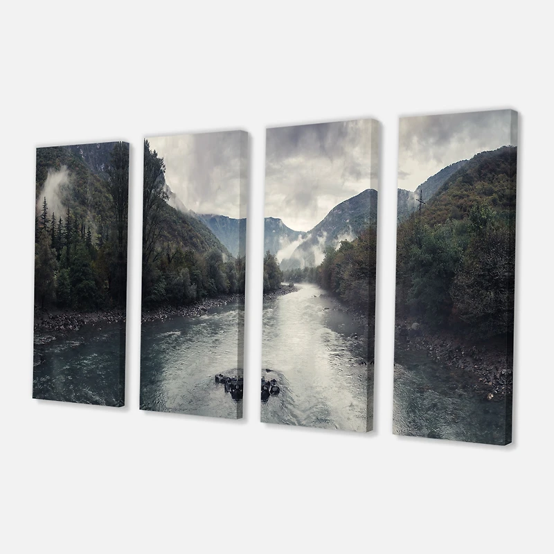 Designart - Mountain River with Fog and Rain
