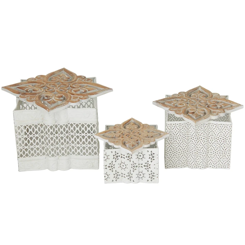 White Metal Laser Cut Metal Decorative Jars with Carved Wood Lids Set