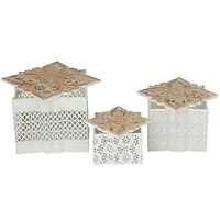 White Metal Laser Cut Metal Decorative Jars with Carved Wood Lids Set