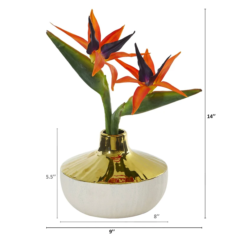 14" Bird of Paradise Artificial Arrangement in Gold and Cream Elegant Vase