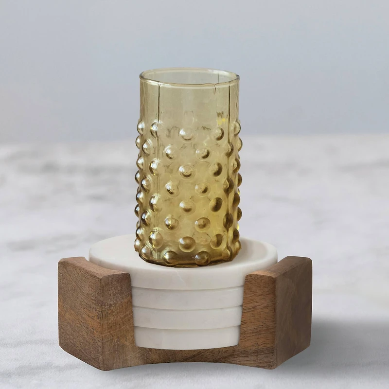 Hello Honey® Round Marble Coasters with Mango Wood Holder Set