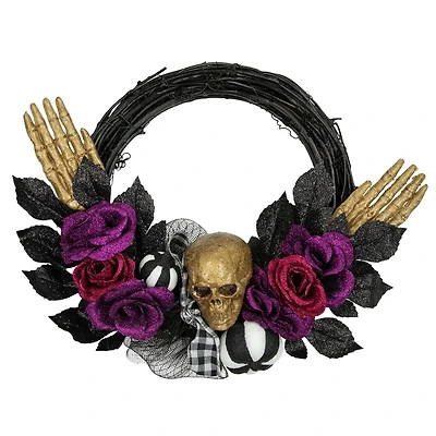 22" Skull with Hands & Purple Roses Halloween Twig Wreath
