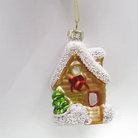 Snowy Country Cabin Glass Christmas Hanging Ornament - 3.25" - Gold Finish