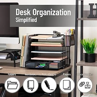 Mind Reader Mesh Desk Organizer, 4 Trays, 1 Drawer, File Holder, 2 Pen Cups, Office Desktop Organizer, Metal Mesh, Black