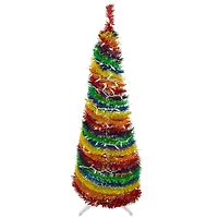 4ft. Pre-Lit Rainbow Tinsel Pop-Up Artificial Christmas Tree, Clear Lights