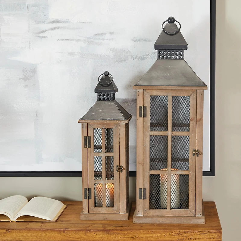 Brown Wood Lighthouse Style Candle Lantern Set