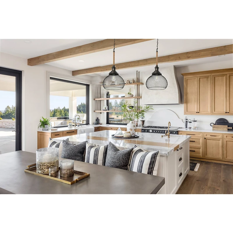 Hello Honey® Robert Stevenson Lighting Martha 26" Black Woven Metal & Natural Rope Ceiling Light