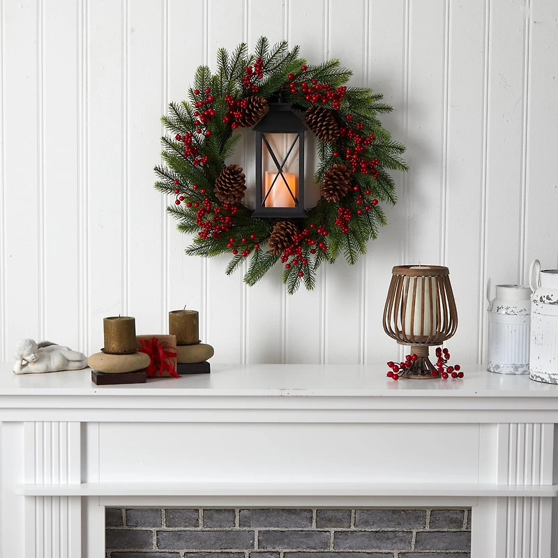 28" Berries & Pine Christmas Wreath with Lantern & Included LED Candle