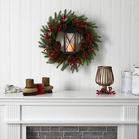 28" Berries & Pine Christmas Wreath with Lantern & Included LED Candle