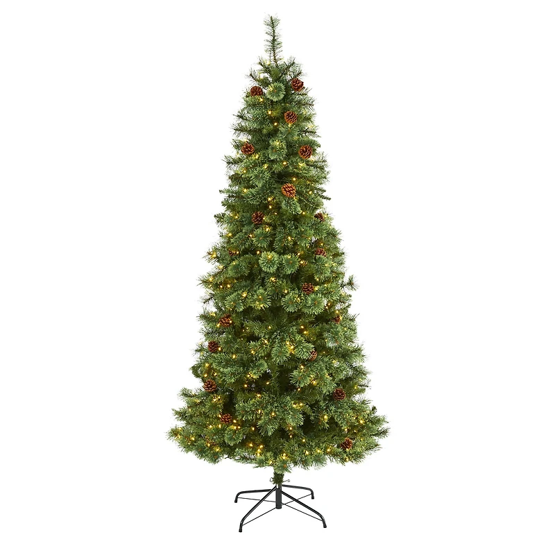 7ft. Pre-Lit White Mountain Pine & Pinecones Artificial Christmas Tree with Clear LED Lights