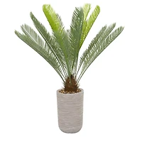 4ft. Green Sago Palm Faux Foliage Artificial Plant with Beige Ceramic Pot