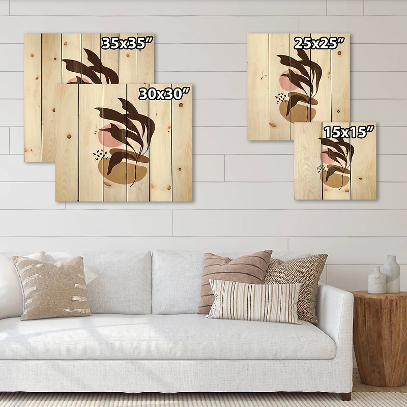 Designart - Elementary Shapes With Abstract Plants - Modern Print on Natural Pine Wood