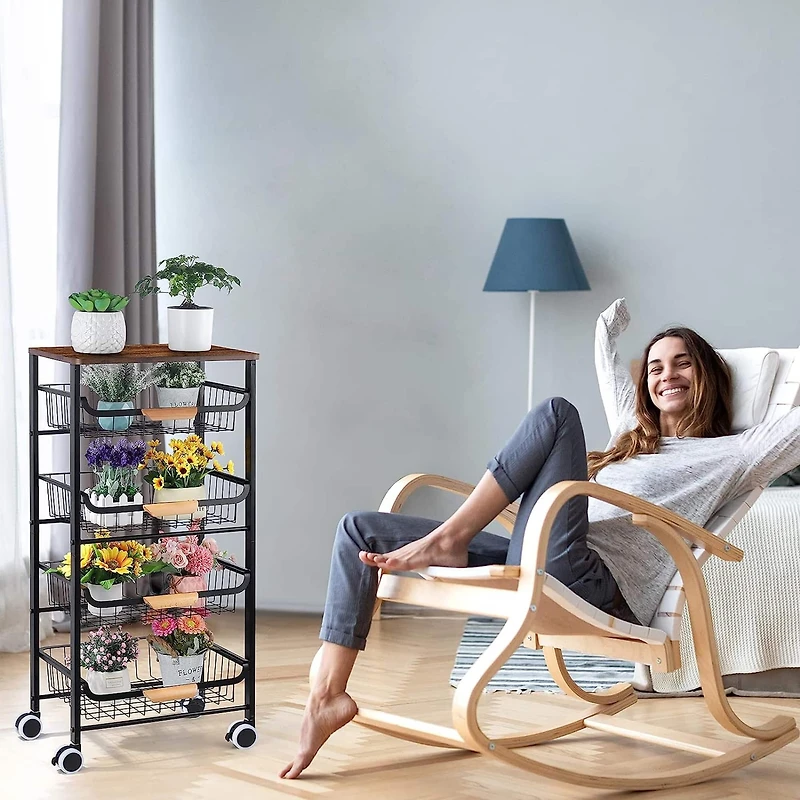 Black 5-Tier Metal Wire Basket Shelf Kitchen Storage Rolling Cart