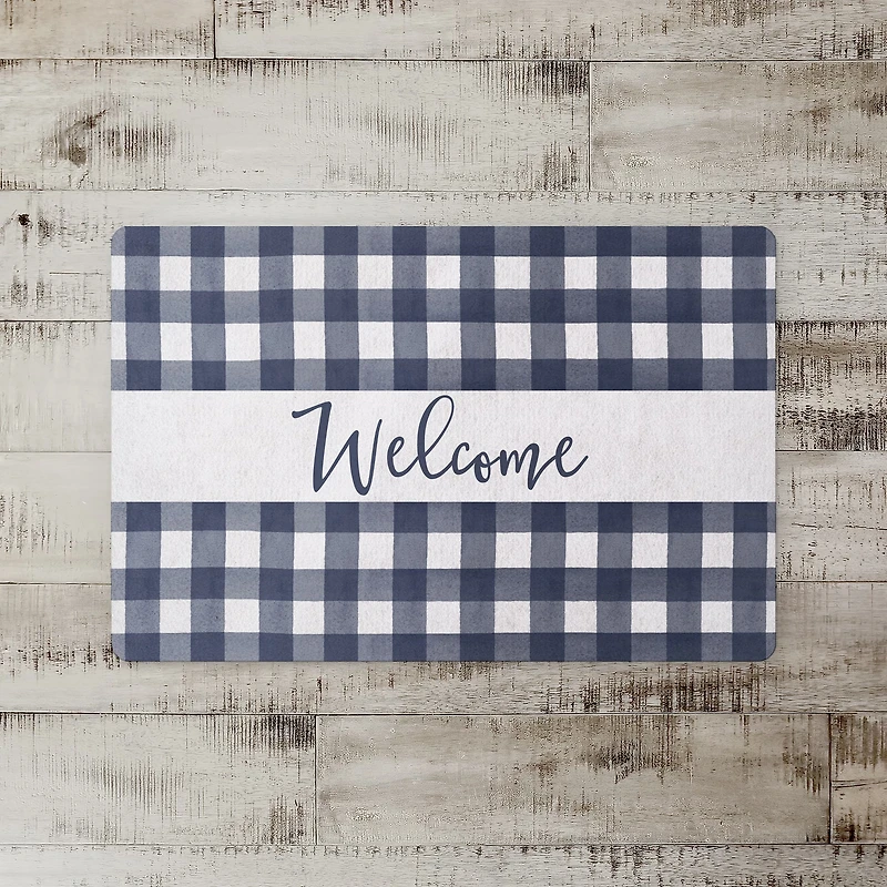 Welcome Navy Buffalo Check Floor Mat