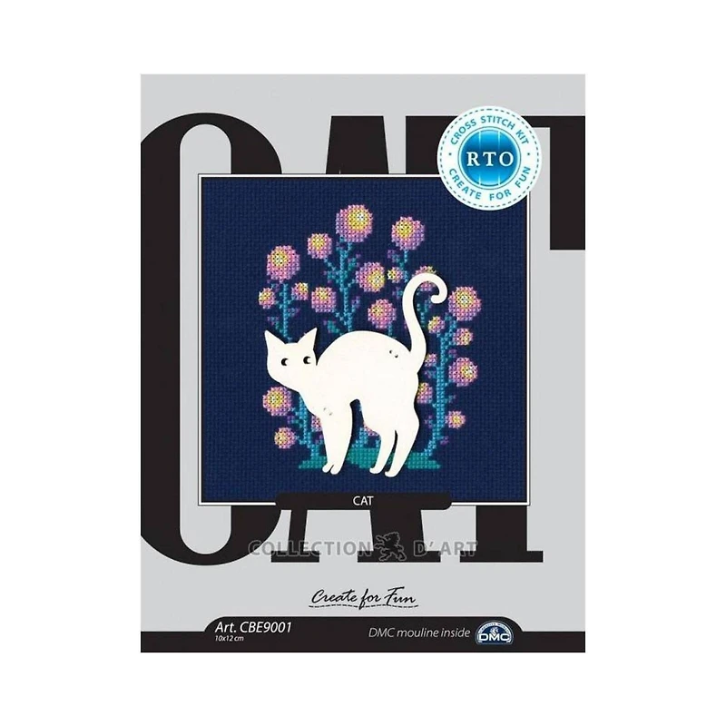 RTO White Cat with Pink & Yellow Flowers Cross Stitch Kit