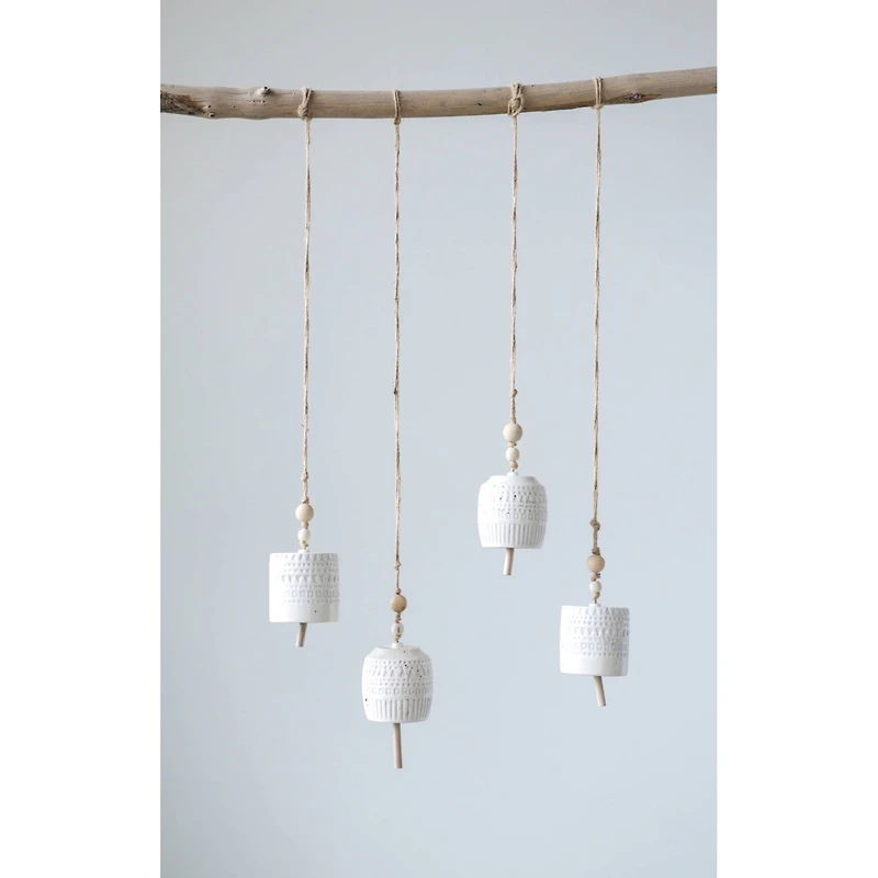 Hello Honey® White Stoneware Bells with Wood Beads Set