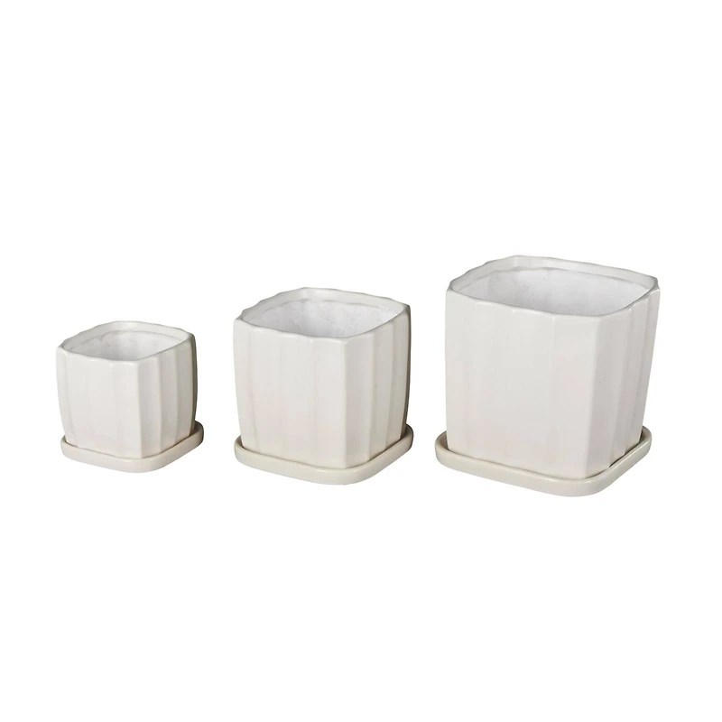 White Square Wide Groove Textured Ceramic Planter Set