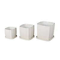 White Square Wide Groove Textured Ceramic Planter Set