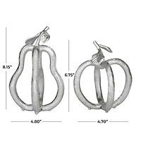 Set of 2 Silver Metal Eclectic Fruit Sculpture 8", 7"