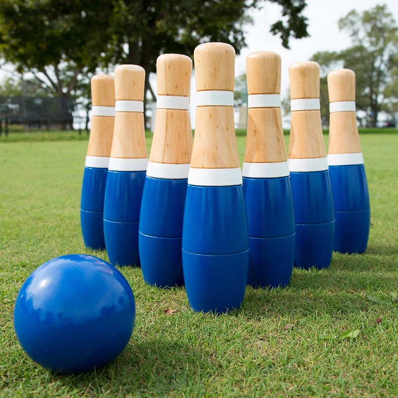 Toy Time Blue Indoor & Outdoor Wooden Bowling Game Set