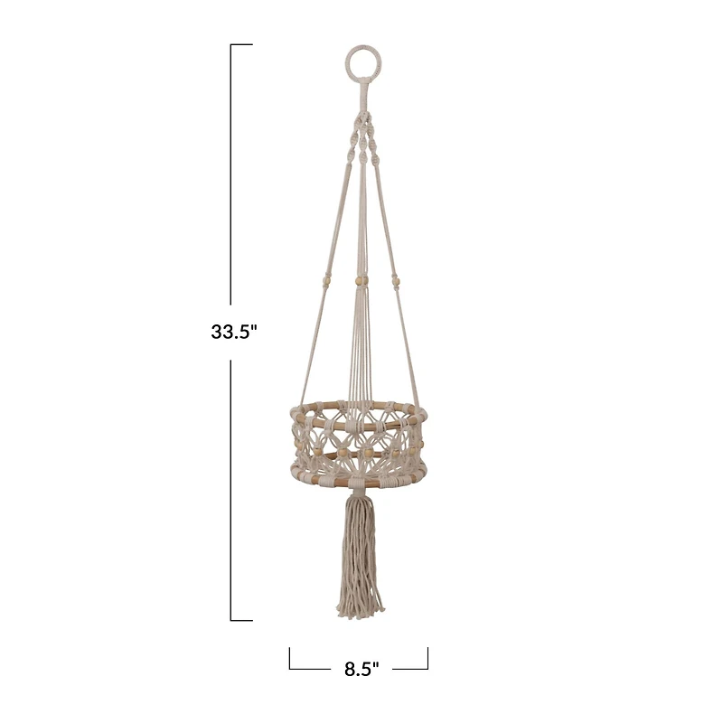 Hello Honey® 33.5" Natural Handwoven Cotton Macramé & Rattan Plant Hanger with Wood Beads