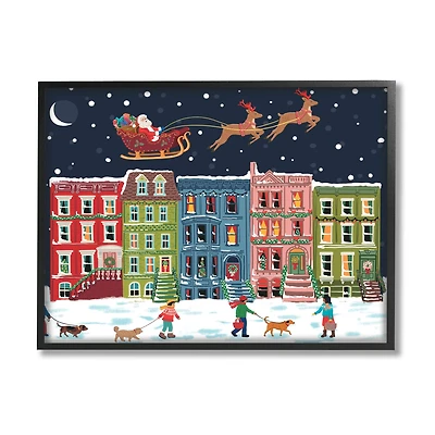 Stupell Industries Snowy Christmas Town Santa Overhead Framed Giclee Art