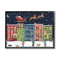 Stupell Industries Snowy Christmas Town Santa Overhead Framed Giclee Art