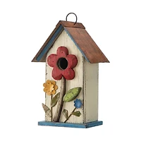 Glitzhome® 10.25" Washed White Distressed Flower Birdhouse