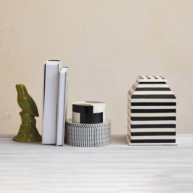 Hello Honey® 4.5" Black & White Striped Round Reclaimed Wood Box