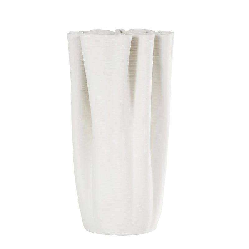 White Ceramic Abstract Ribbed Dimensional Folded Vase with Compact Wavy Rim