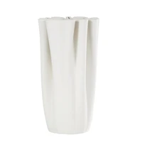 White Ceramic Abstract Ribbed Dimensional Folded Vase with Compact Wavy Rim
