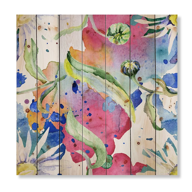 Designart - Iridiscent Daisy Flowers - Transitional Print on Natural Pine Wood