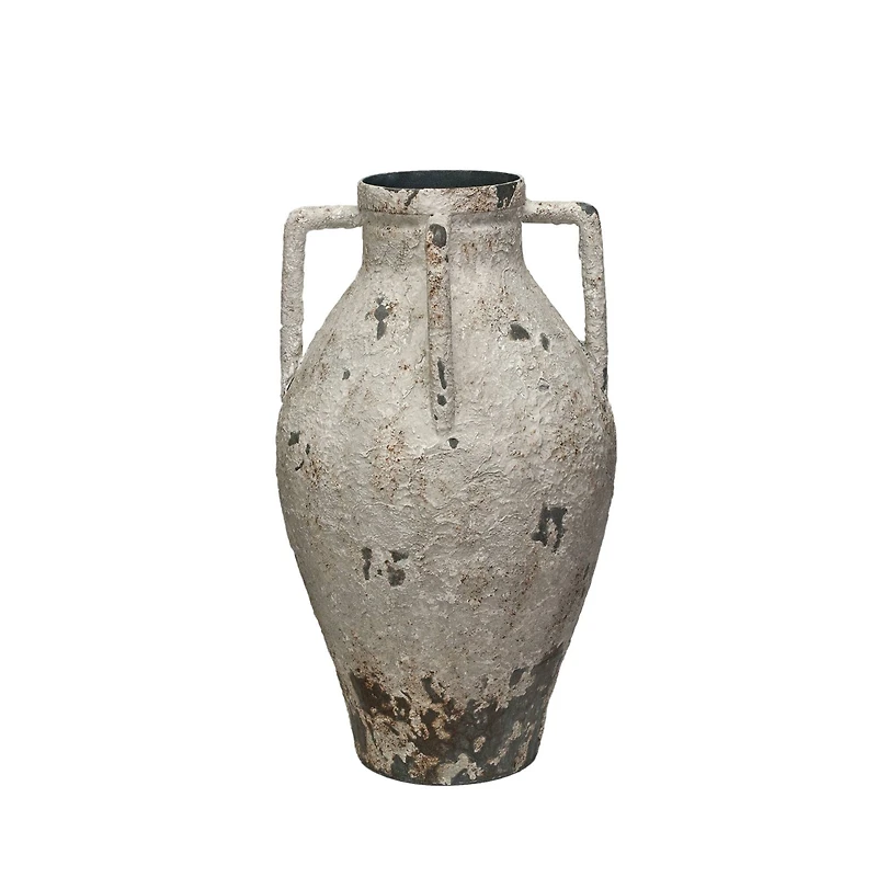 Hello Honey® 15.25" White Decorative Metal Urn with Handles & Heavily Distressed Finish