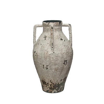 Hello Honey® 15.25" White Decorative Metal Urn with Handles & Heavily Distressed Finish
