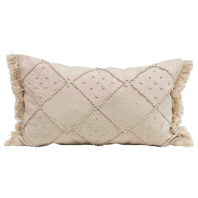 Diamond Design & Fringed Ends Cotton & Linen Lumbar Pillow