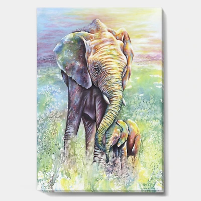 Designart - Mother & Baby Elephant Rainbow Colors