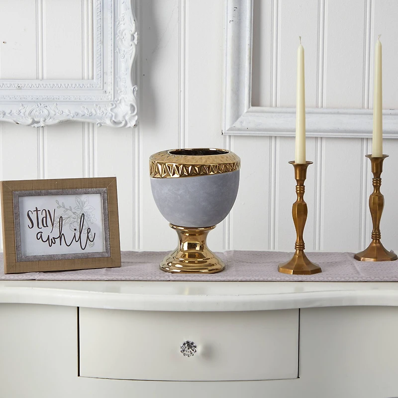 9.25" Regal Stone Urn with Gold Accents