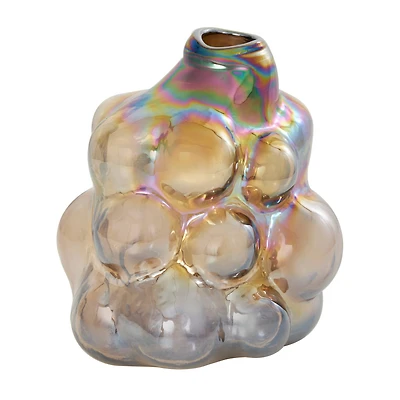 8" Iridescent Brown Abstract Handmade Bubble Glass Vase