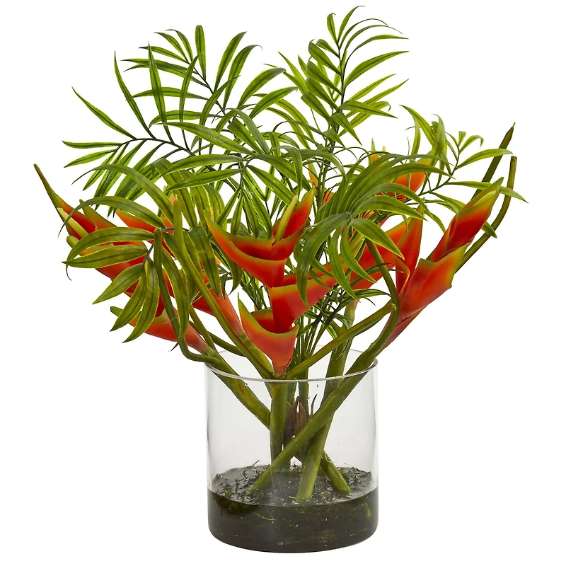 14" Mini Heliconia & Palm Tropical Arrangement in Glass Vase