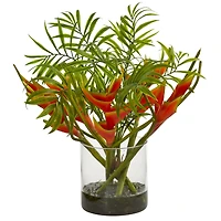 14" Mini Heliconia & Palm Tropical Arrangement in Glass Vase
