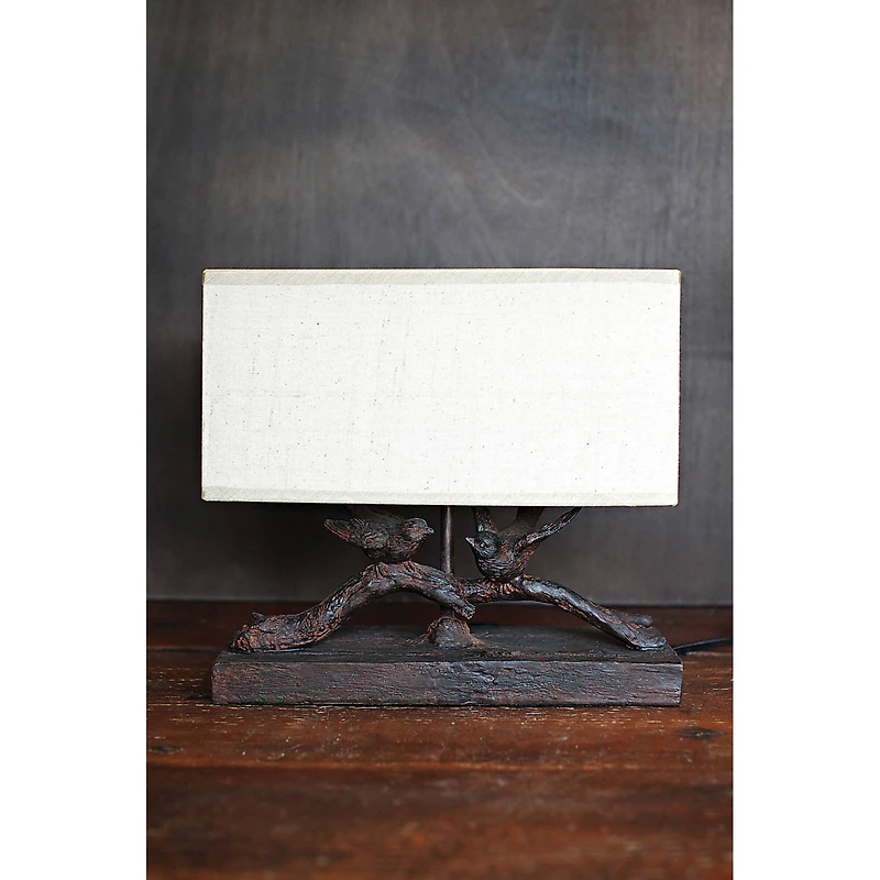 Hello Honey® 12.2" Rustic Birds-On-Branch Lamp with Rectangle Flax Shade